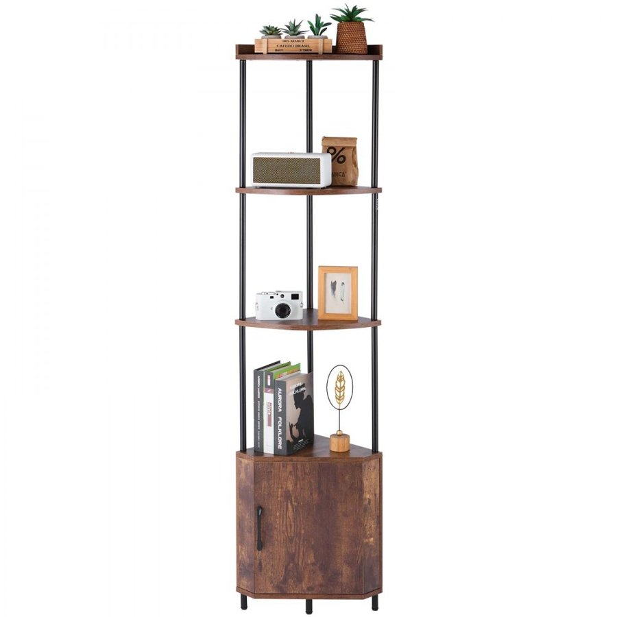 VEVOR 5 Tier Corner Shelf, Tall Corner Stand with LED Light and Doors, Wall Shelves Tower Storage Organizer, Metal Frame & Wooden Shelves, Narrow Display Book Shelf Rack for Home, Office, Rustic Brown