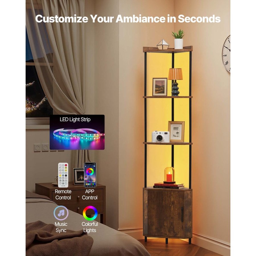VEVOR 5 Tier Corner Shelf, Tall Corner Stand with LED Light and Doors, Wall Shelves Tower Storage Organizer, Metal Frame & Wooden Shelves, Narrow Display Book Shelf Rack for Home, Office, Rustic Brown