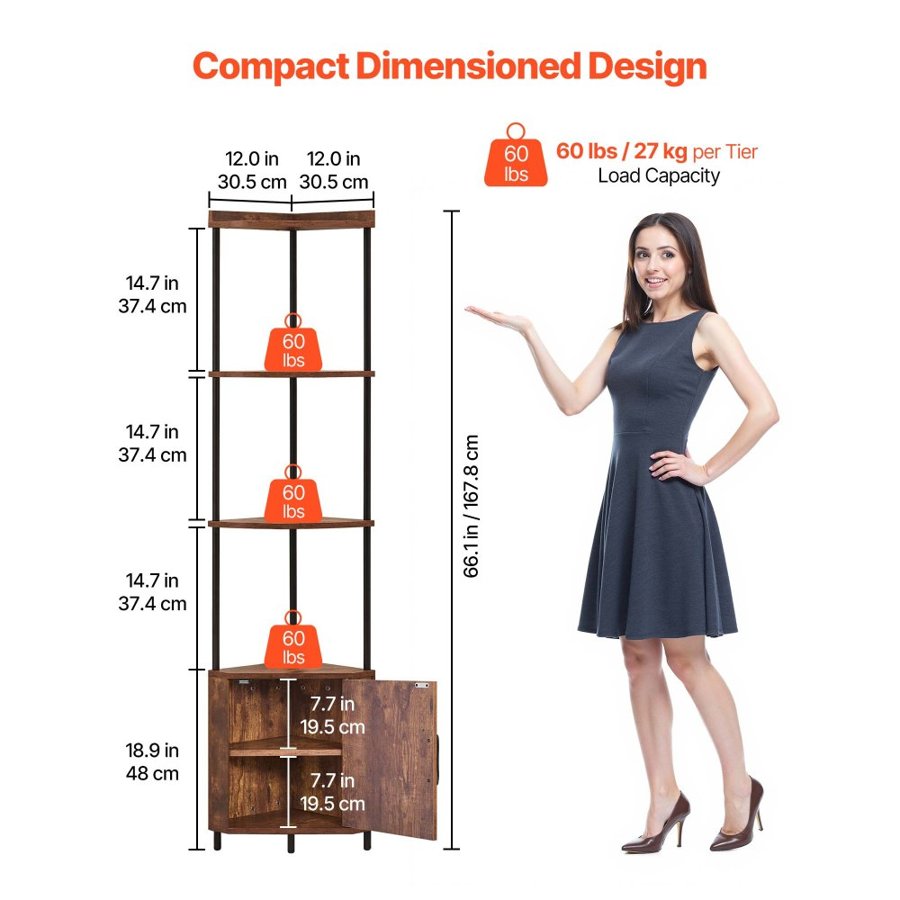 VEVOR 5 Tier Corner Shelf, Tall Corner Stand with LED Light and Doors, Wall Shelves Tower Storage Organizer, Metal Frame & Wooden Shelves, Narrow Display Book Shelf Rack for Home, Office, Rustic Brown