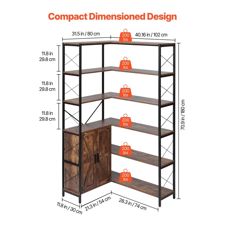 VEVOR 6 Tier Corner Bookshelf, Tall Corner Bookcase Storage with Doors, Large L-Shaped Bookshelf Organizer with Metal Frame & Adjustable Shelves, Display Book Shelf Rack for Home, Office
