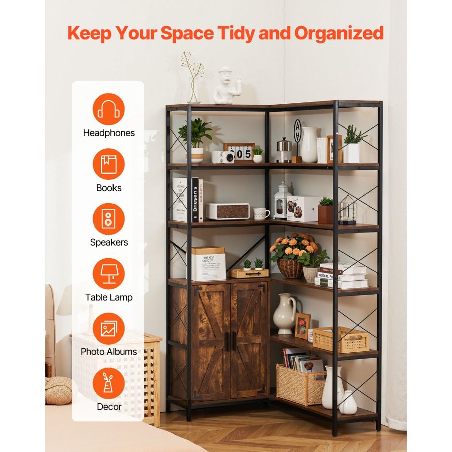 VEVOR 6 Tier Corner Bookshelf, Tall Corner Bookcase Storage with Doors, Large L-Shaped Bookshelf Organizer with Metal Frame & Adjustable Shelves, Display Book Shelf Rack for Home, Office