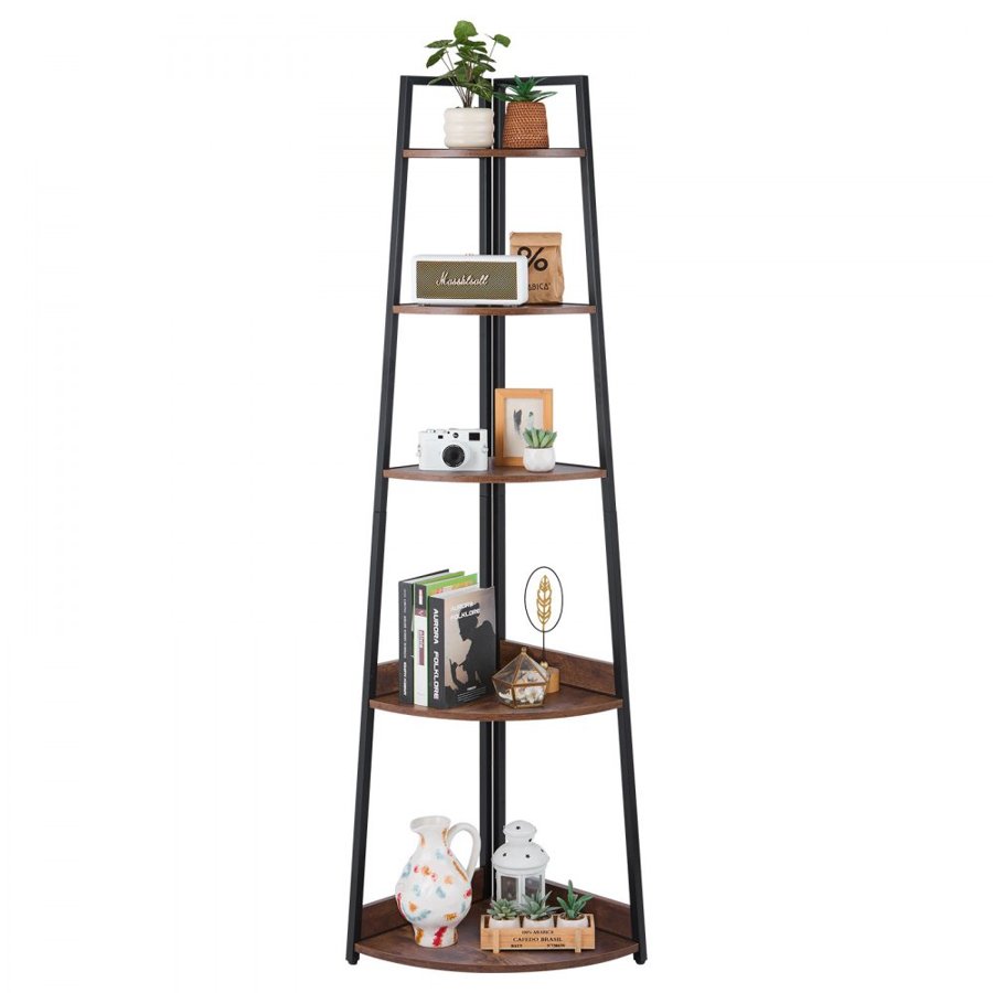 VEVOR 5 Tier Corner Shelf, Tall Corner Bookshelf Plant Rack, Wall Shelves Tower Storage Organizer with Metal Frame & Wooden Shelves, Narrow Display Book Shelf Rack for Bedroom, Living Room, Office