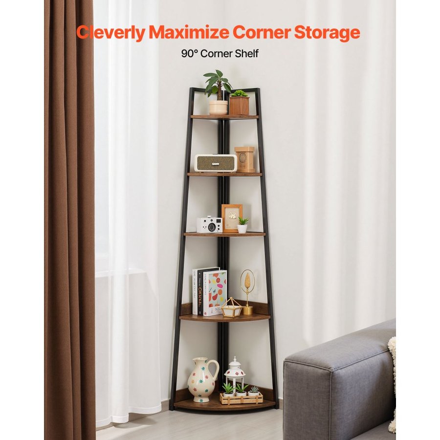 VEVOR 5 Tier Corner Shelf, Tall Corner Bookshelf Plant Rack, Wall Shelves Tower Storage Organizer with Metal Frame & Wooden Shelves, Narrow Display Book Shelf Rack for Bedroom, Living Room, Office