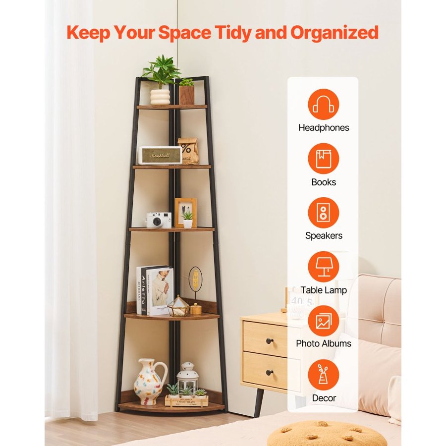 VEVOR 5 Tier Corner Shelf, Tall Corner Bookshelf Plant Rack, Wall Shelves Tower Storage Organizer with Metal Frame & Wooden Shelves, Narrow Display Book Shelf Rack for Bedroom, Living Room, Office