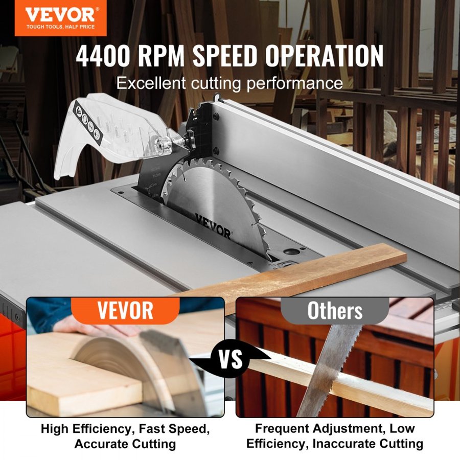 VEVOR 1800 W Table Saw Electric Cutting Machine, 625 mm Cutting Capacity, 4400 RPM, 85 mm 90° Crosscut Saw and 60 mm 45° Bevel Cut for Wood, Carpentry and Indoor/Outdoor Workshop
