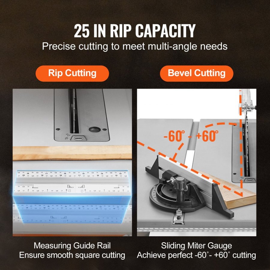 VEVOR 25.4 cm Table Saw w/ Stand Electric Cutting Machine 4800RPM 63.5 cm Rip Capacity