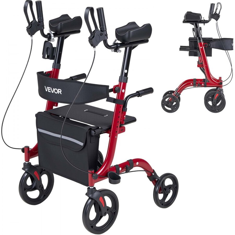 VEVOR Rollator Walker with Seat for Seniors, Foldable Rolling Walker, Lightweight Aluminum Mobility Walking Aid with PVC Solid Wheels, Adjustable Handle, Storage Bag, Cup/Cane Holder - Supports 136kg