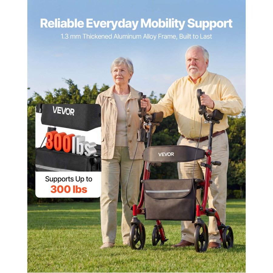 VEVOR Rollator Walker with Seat for Seniors, Foldable Rolling Walker, Lightweight Aluminum Mobility Walking Aid with PVC Solid Wheels, Adjustable Handle, Storage Bag, Cup/Cane Holder - Supports 136kg