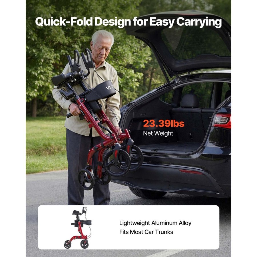 VEVOR Rollator Walker with Seat for Seniors, Foldable Rolling Walker, Lightweight Aluminum Mobility Walking Aid with PVC Solid Wheels, Adjustable Handle, Storage Bag, Cup/Cane Holder - Supports 136kg