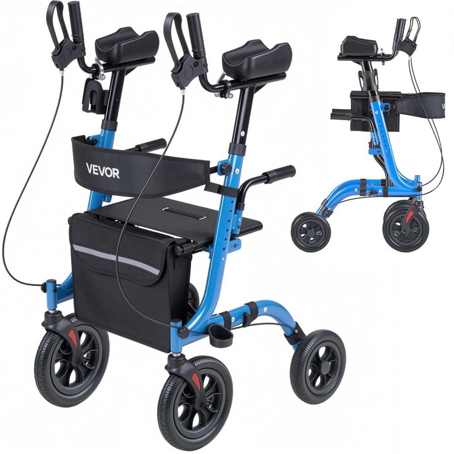 VEVOR Rollator Walker with Seat for Seniors, Foldable Rolling Walker, Lightweight Aluminum Mobility Walking Aid with PU Solid Wheels, Adjustable Handle, Storage Bag, Cup/Cane Holder - Supports 136kg