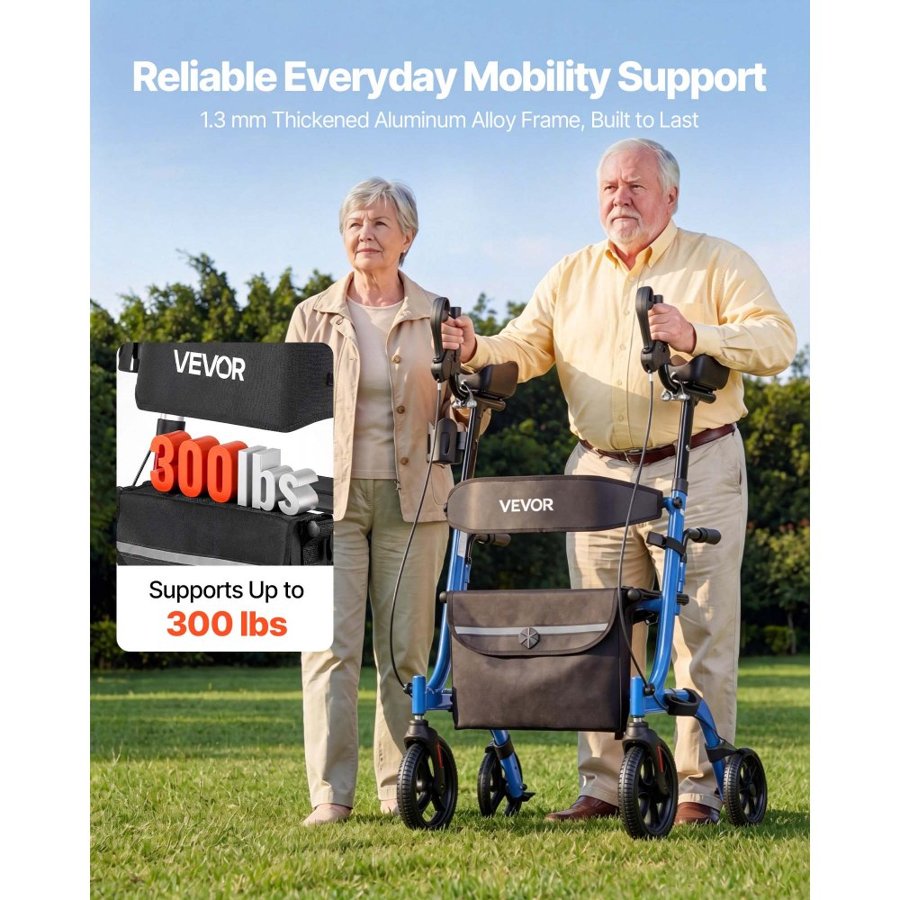 VEVOR Rollator Walker with Seat for Seniors, Foldable Rolling Walker, Lightweight Aluminum Mobility Walking Aid with PU Solid Wheels, Adjustable Handle, Storage Bag, Cup/Cane Holder - Supports 136kg