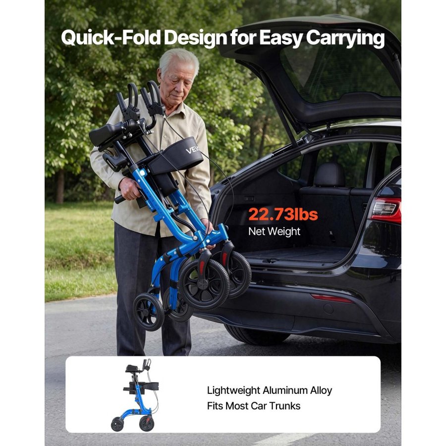 VEVOR Rollator Walker with Seat for Seniors, Foldable Rolling Walker, Lightweight Aluminum Mobility Walking Aid with PU Solid Wheels, Adjustable Handle, Storage Bag, Cup/Cane Holder - Supports 136kg
