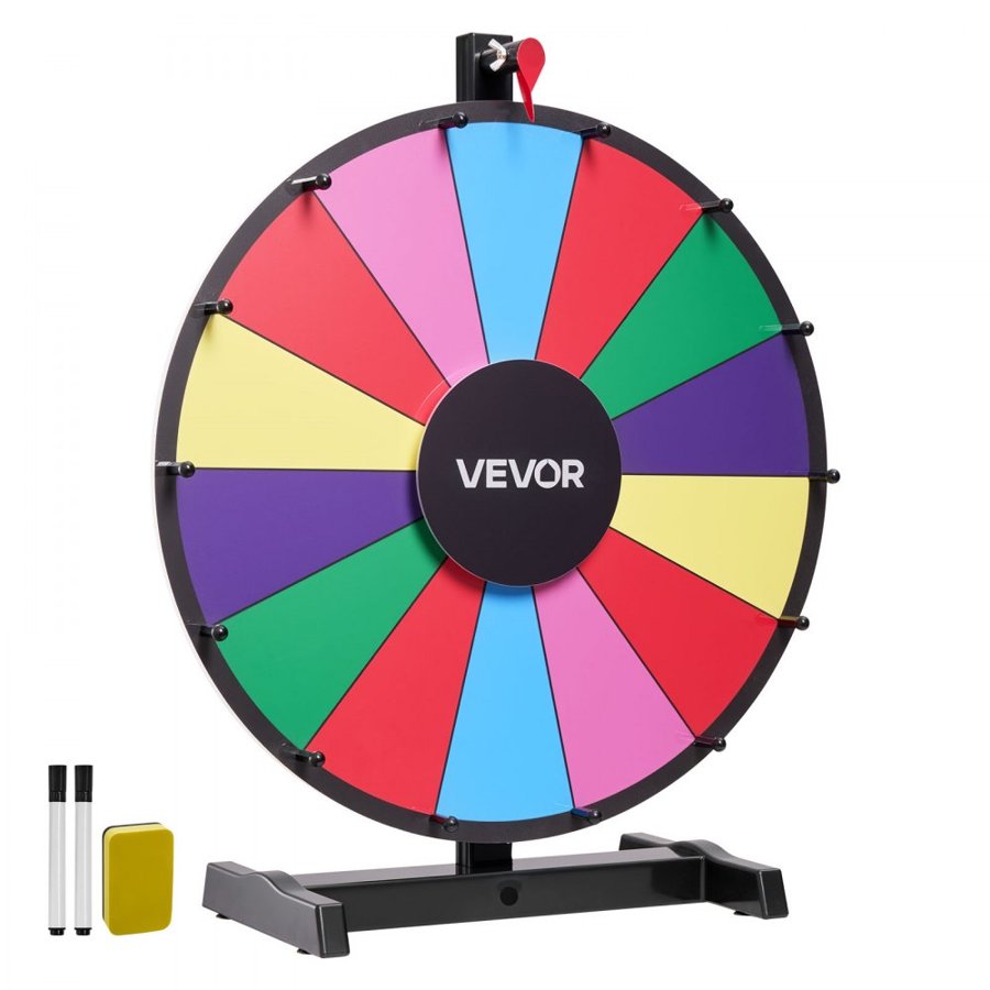 VEVOR 457 mm Spinning Prize Wheel, 14 Slots Spinning Wheel with Stand, Tabletop Win Fortune Roulette with a Dry Erase and 2 Markers, 6 Colors, Easy Assembly, for Party Pub Trade Show Carnival Events