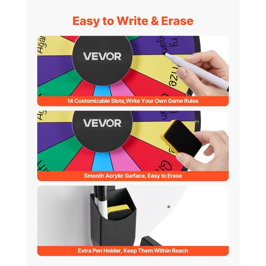 VEVOR 457 mm Spinning Prize Wheel, 14 Slots Spinning Wheel with Stand, Tabletop Win Fortune Roulette with a Dry Erase and 2 Markers, 6 Colors, Easy Assembly, for Party Pub Trade Show Carnival Events