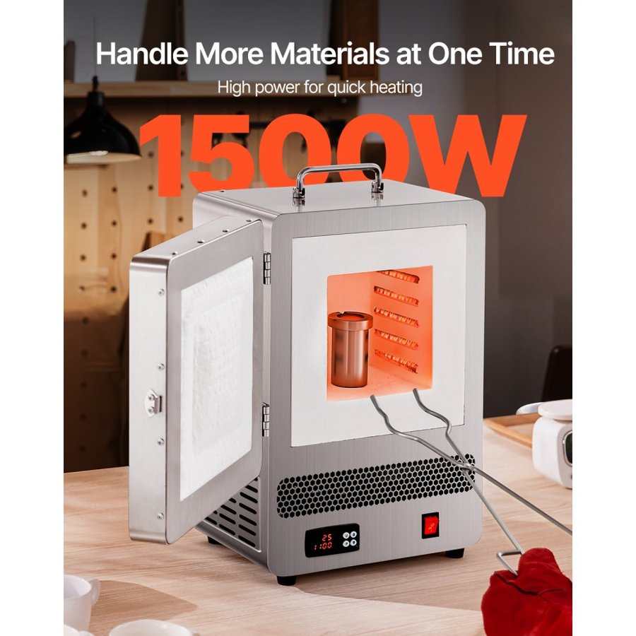 VEVOR Tabletop Kiln Melter, 1500W Powerful Electric Kiln, 2192℉ / 1200℃ Max Temperature, Stainless Steel, Gold Melting Furnace for Wax Casting, Clay DIY, Metal Tempering, Glazing on Pottery, Silver