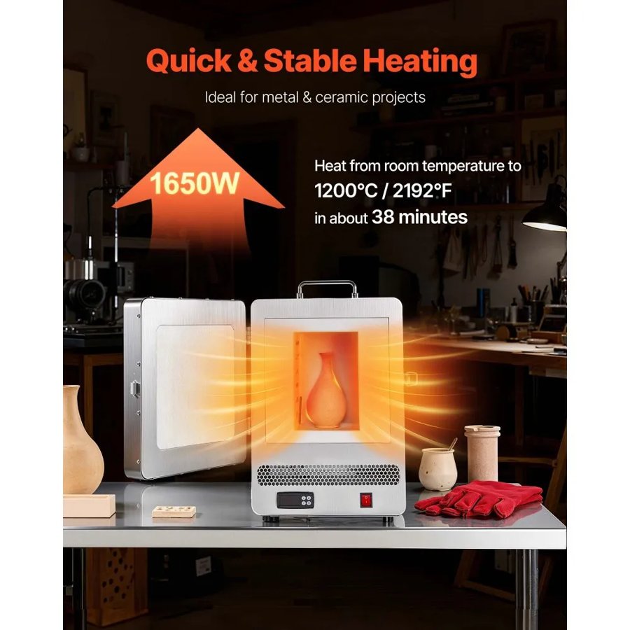 VEVOR Electric Melting Furnace, 1650W Digital Melting Furnace, Electric Kiln with Max Temperature 2192℉/1200℃ for Lost-Wax Casting, Clay DIY, Metal Annealing, Ceramic Firing, PID Temp Control