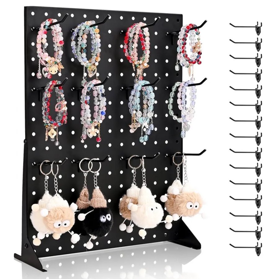 VEVOR Pegboard Display Stand, 43 x 33 cm Tabletop Pegboard Display Stand with 15 Hooks, Thickened Cold-Rolled Steel Peg Board Panel for Grocery, Retail Store and Jewelry Shop, Black (1 PCS)