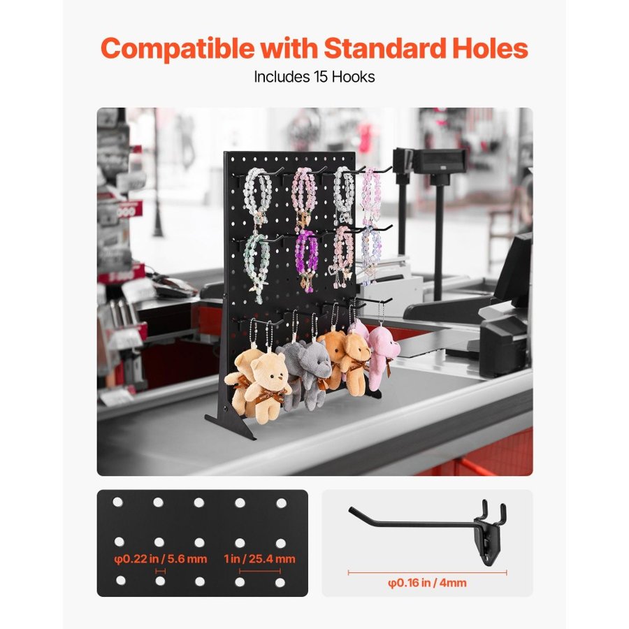 VEVOR Pegboard Display Stand, 43 x 33 cm Tabletop Pegboard Display Stand with 15 Hooks, Thickened Cold-Rolled Steel Peg Board Panel for Grocery, Retail Store and Jewelry Shop, Black (1 PCS)
