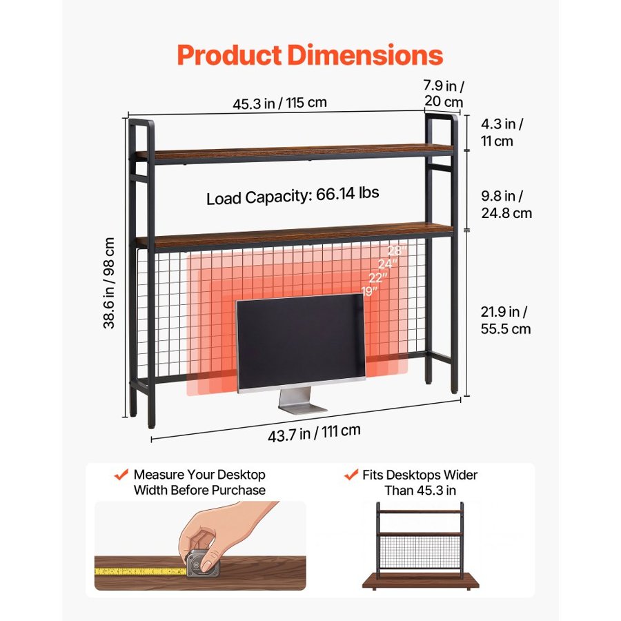 VEVOR Desktop Bookshelf 3-Tier Countertop Storage Hutch with Grid Black, for Computer Desk, Metal Frame and Wooden Shelf, with Non-Slip Feet Pads, Desk Hutch Storage Organizer for Dorm, Home, Office