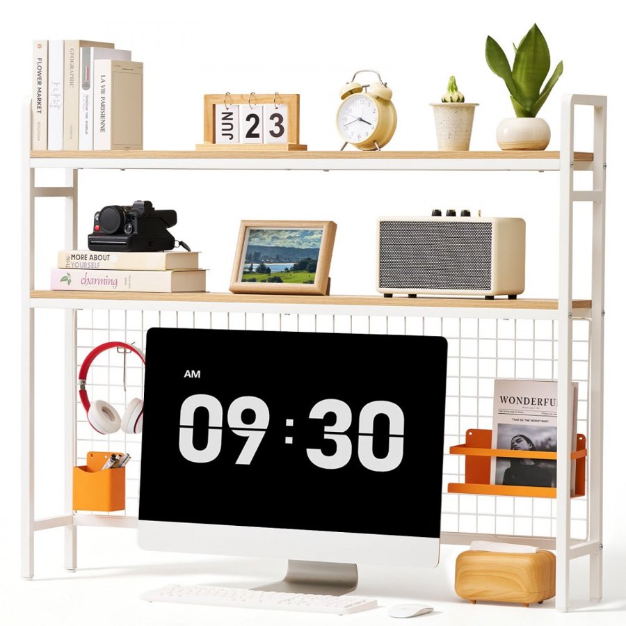 VEVOR Desktop Bookshelf 3-Tier Countertop Storage Hutch with Grid White, for Computer Desk, Metal Frame and Wooden Shelf, with Non-Slip Feet Pads, Desk Hutch Storage Organizer for Dorm, Home, Office
