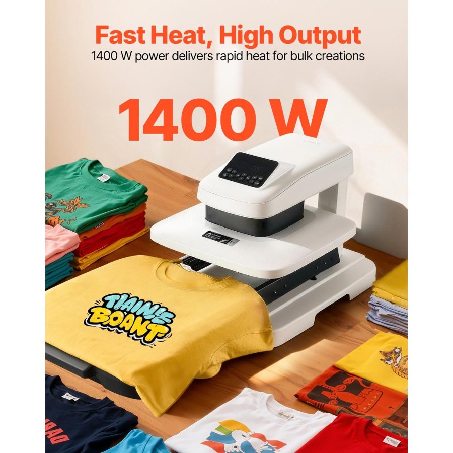VEVOR Auto Heat Press Machine 38 x 38 cm T-Shirt Press Machine White, Auto Release and Adjustable Pressure, Digital Display, Rapid and Even Heating, for Sublimation, Vinyl, Heat Transfer Projects