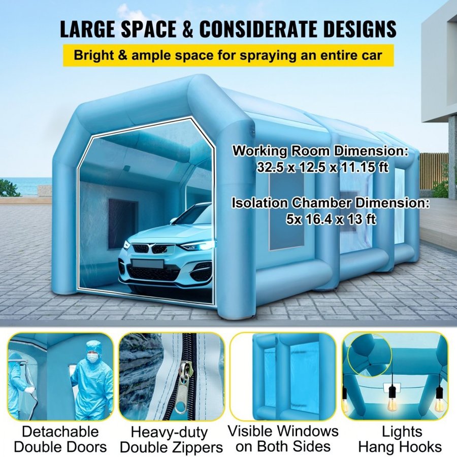VEVOR Inflatable Tent 999.2 x 498.5 x 399.3 cm Inflatable Spray Booth Tent Inflatable Paint Booth Tent Car Paint Booth Giant Workstation 210D Oxford Fabric With 2 Blowers