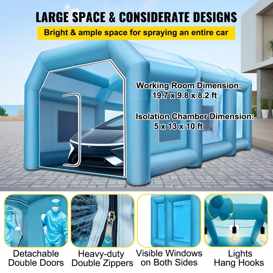 VEVOR Inflatable Tent 792.5 x 396.2 x 304.8 cm Inflatable Spray Booth Custom Tent Inflatable Paint Booth Tent Car Paint Booth Giant Workstation 210D Oxford Fabric With 2 Blowers