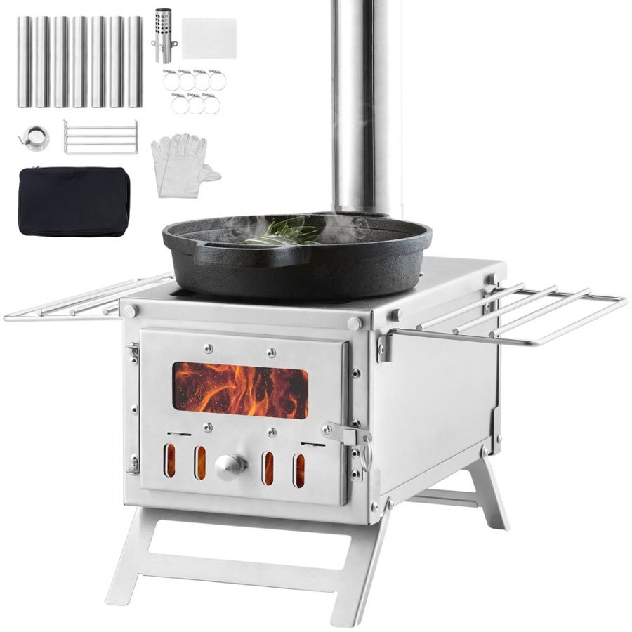 VEVOR Wood Stove, 203.20 cm, Stainless Steel Camping Tent Stove, Portable Wood Burning Stove with Chimney Pipes & Gloves, 11471 cm³ Firebox Hot Tent Stove for Outdoor Cooking and Heating with 8 Pipes