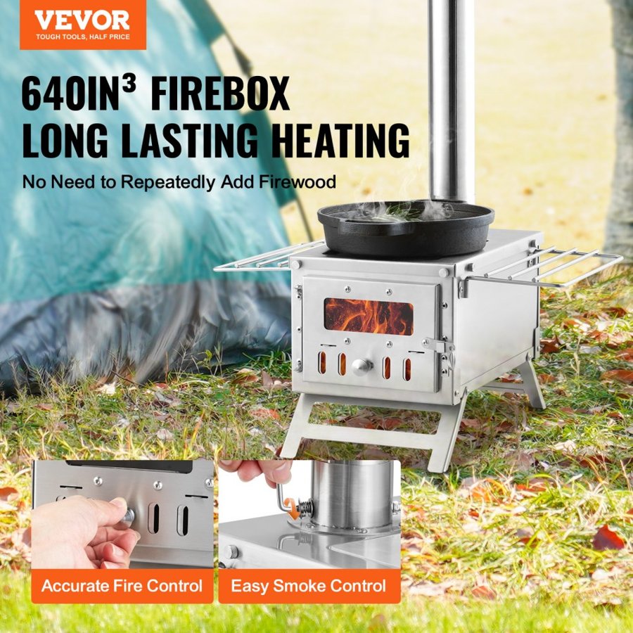 VEVOR Wood Stove, 203.20 cm, Stainless Steel Camping Tent Stove, Portable Wood Burning Stove with Chimney Pipes & Gloves, 11471 cm³ Firebox Hot Tent Stove for Outdoor Cooking and Heating with 8 Pipes