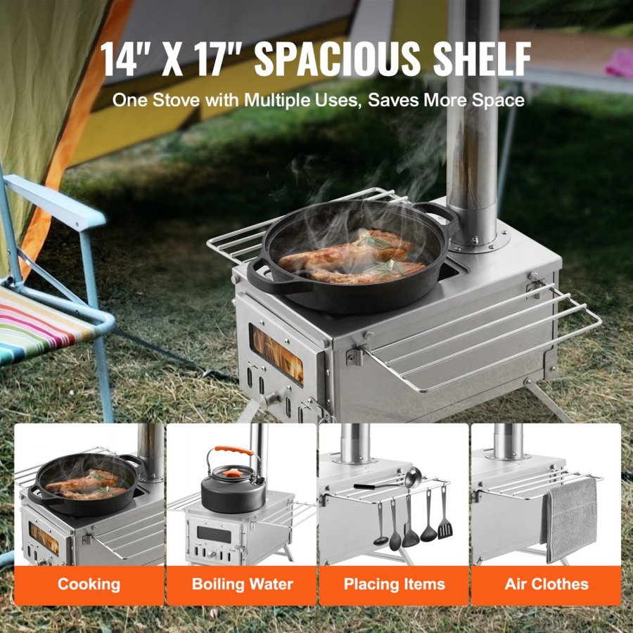 VEVOR Wood Stove, 203.20 cm, Stainless Steel Camping Tent Stove, Portable Wood Burning Stove with Chimney Pipes & Gloves, 11471 cm³ Firebox Hot Tent Stove for Outdoor Cooking and Heating with 8 Pipes