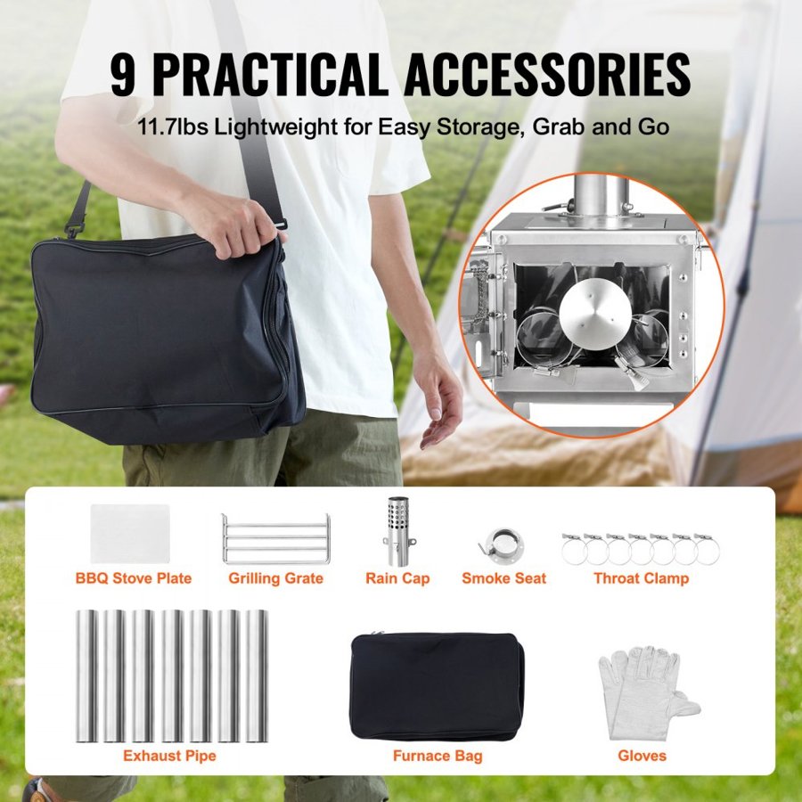 VEVOR Wood Stove, 203.20 cm, Stainless Steel Camping Tent Stove, Portable Wood Burning Stove with Chimney Pipes & Gloves, 11471 cm³ Firebox Hot Tent Stove for Outdoor Cooking and Heating with 8 Pipes
