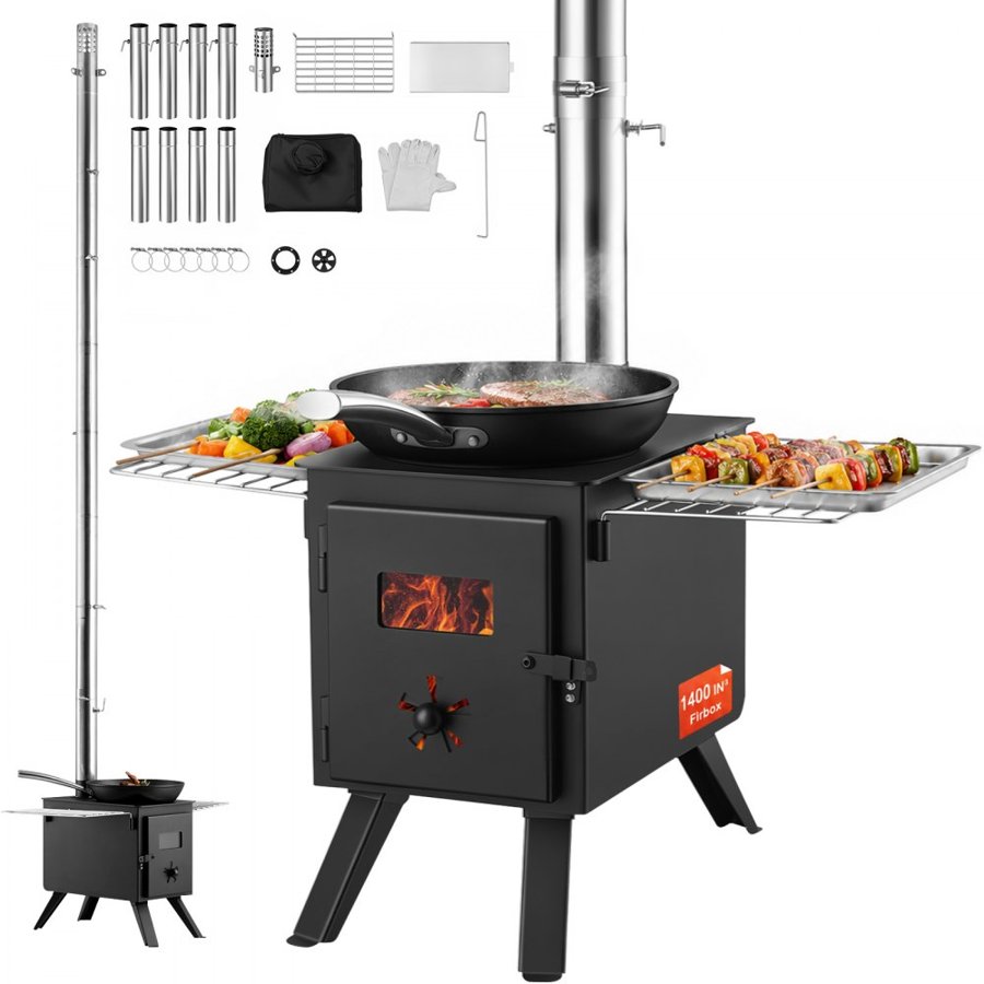 VEVOR Wood Stove, 218.4 cm, Alloy Steel Camping Tent Stove, Portable Wood Burning Stove with Chimney Pipes & Gloves, 22941.9 cm³ Firebox Hot Tent Stove for Outdoor Cooking and Heating with 8 Pipes