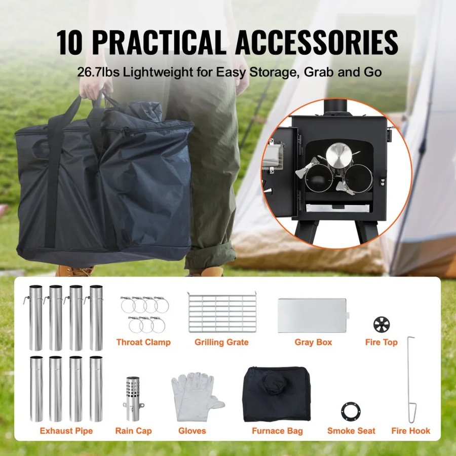 VEVOR Wood Stove, 218.4 cm, Alloy Steel Camping Tent Stove, Portable Wood Burning Stove with Chimney Pipes & Gloves, 22941.9 cm³ Firebox Hot Tent Stove for Outdoor Cooking and Heating with 8 Pipes