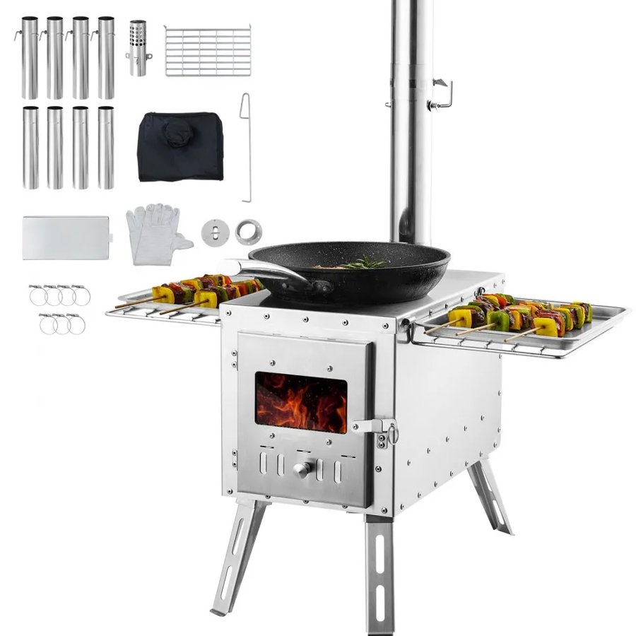 VEVOR Wood Stove, 218.44 cm, Stainless Steel Camping Tent Stove, Portable Wood Burning Stove with Chimney Pipes & Gloves, 49161.3 cm³ Firebox Hot Tent Stove for Outdoor Cooking and Heating with 8 Pipes
