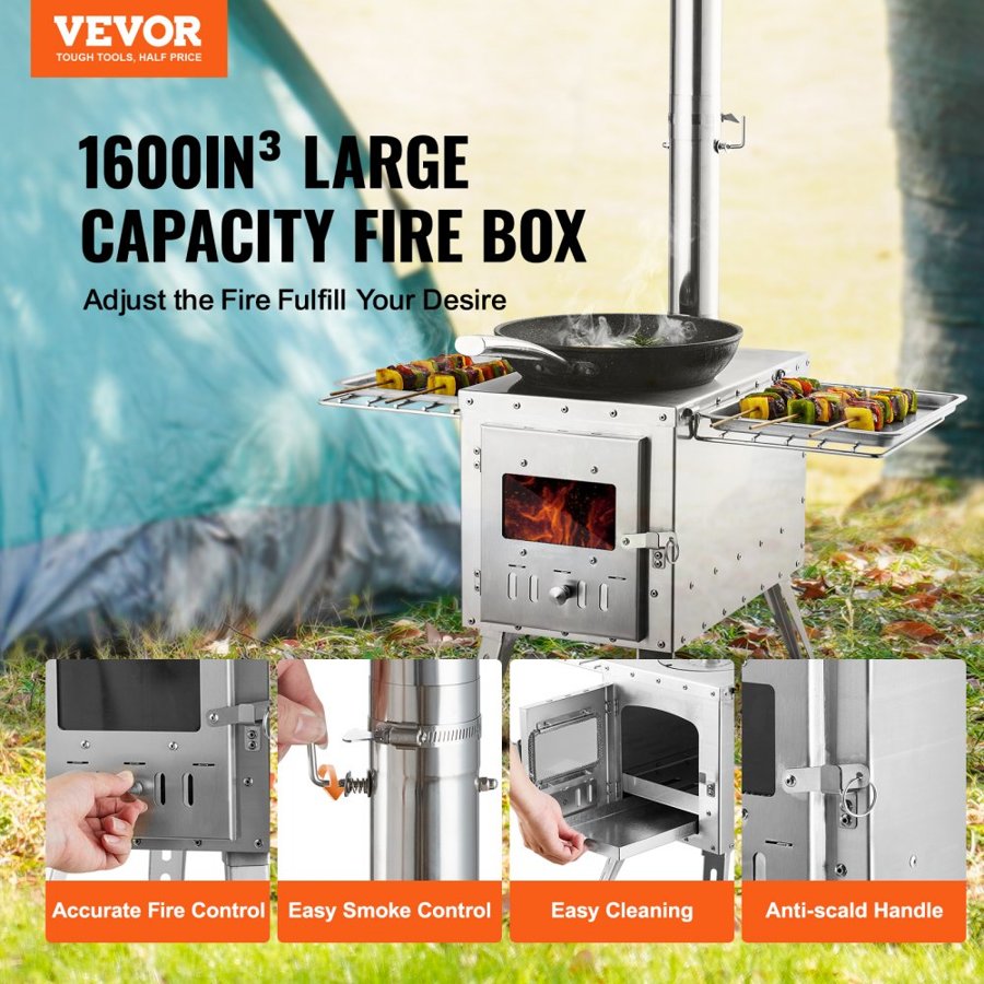 VEVOR Wood Stove, 218.44 cm, Stainless Steel Camping Tent Stove, Portable Wood Burning Stove with Chimney Pipes & Gloves, 49161.3 cm³ Firebox Hot Tent Stove for Outdoor Cooking and Heating with 8 Pipes