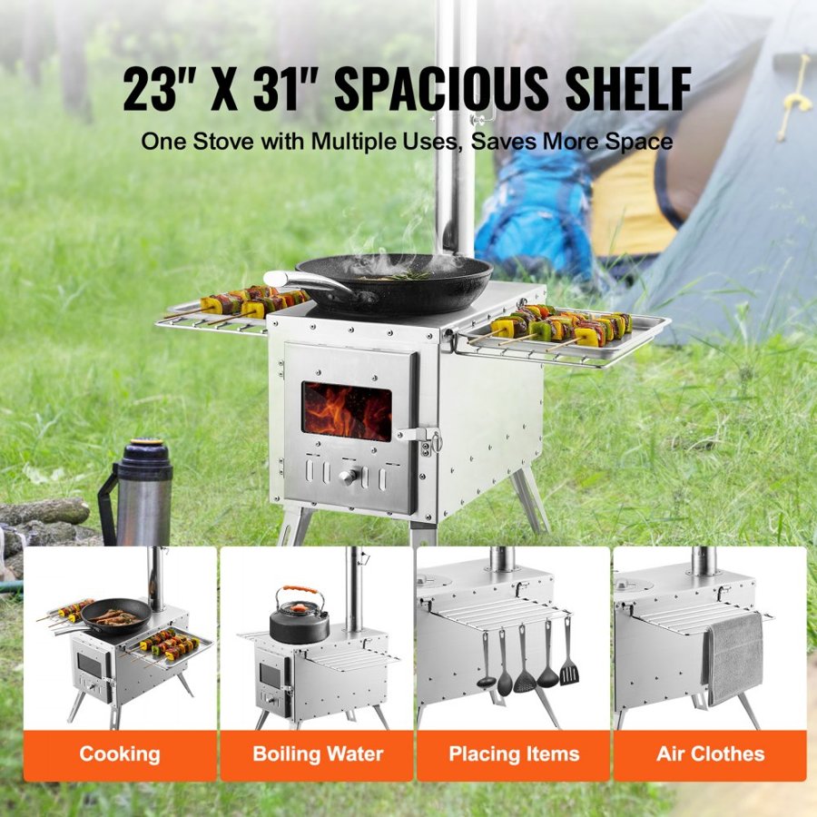 VEVOR Wood Stove, 218.44 cm, Stainless Steel Camping Tent Stove, Portable Wood Burning Stove with Chimney Pipes & Gloves, 49161.3 cm³ Firebox Hot Tent Stove for Outdoor Cooking and Heating with 8 Pipes