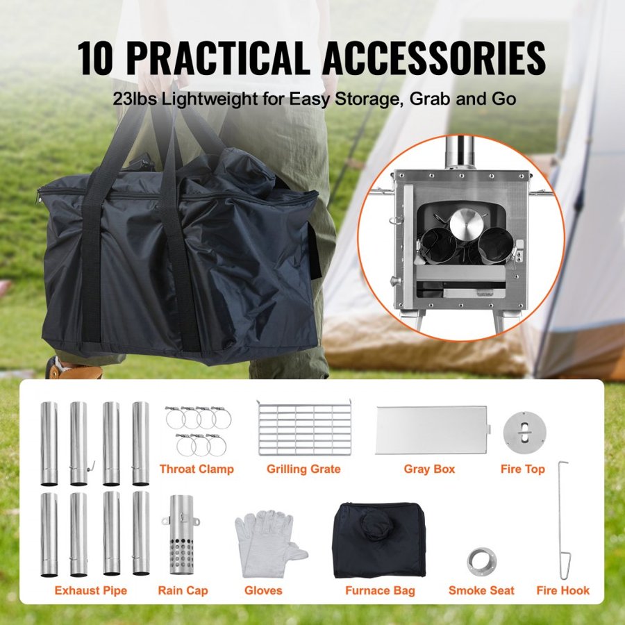 VEVOR Wood Stove, 218.44 cm, Stainless Steel Camping Tent Stove, Portable Wood Burning Stove with Chimney Pipes & Gloves, 49161.3 cm³ Firebox Hot Tent Stove for Outdoor Cooking and Heating with 8 Pipes