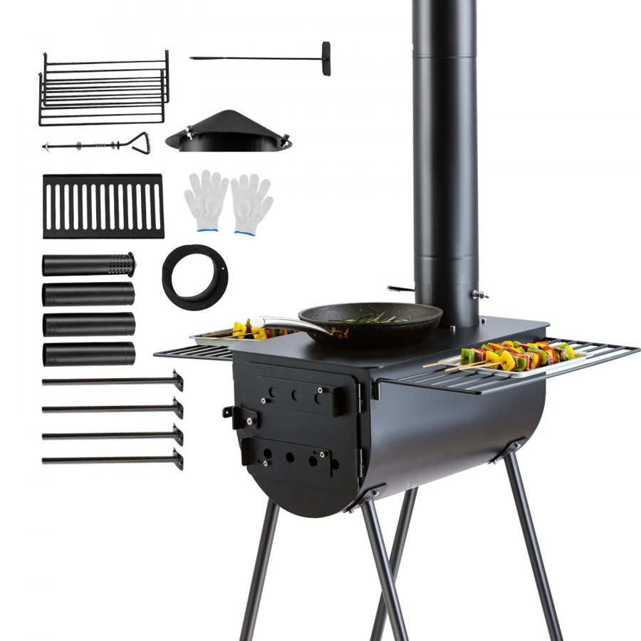 VEVOR Wood Stove, 3 m, Alloy Steel Camping Tent Stove, Portable Wood Burning Stove with Chimney Pipes & Gloves, 49161 cm³ Firebox Hot Tent Stove for Outdoor Cooking and Heating with 8 Pipes