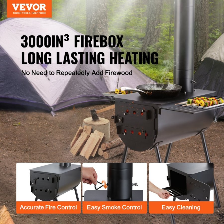 VEVOR Wood Stove, 3 m, Alloy Steel Camping Tent Stove, Portable Wood Burning Stove with Chimney Pipes & Gloves, 49161 cm³ Firebox Hot Tent Stove for Outdoor Cooking and Heating with 8 Pipes