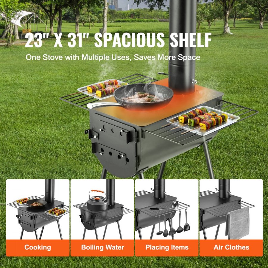 VEVOR Wood Stove, 3 m, Alloy Steel Camping Tent Stove, Portable Wood Burning Stove with Chimney Pipes & Gloves, 49161 cm³ Firebox Hot Tent Stove for Outdoor Cooking and Heating with 8 Pipes
