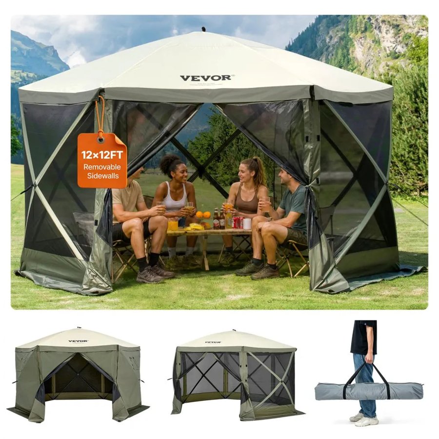 VEVOR Pop Up Gazebo Tent, Pop-Up Screen Tent 6 Sided Canopy Sun Shelter with 6 Removable Privacy Wind Cloths & Mesh Windows, 12x12FT Quick Set Screen Tent with Mosquito Netting, Army Green