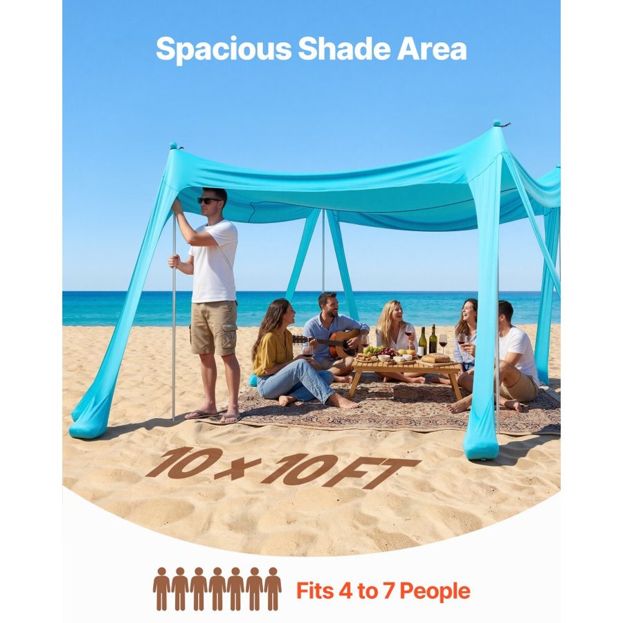 VEVOR Beach Tent Sun Shelter – 10x10 ft, UPF50+, 6.6 ft Tall