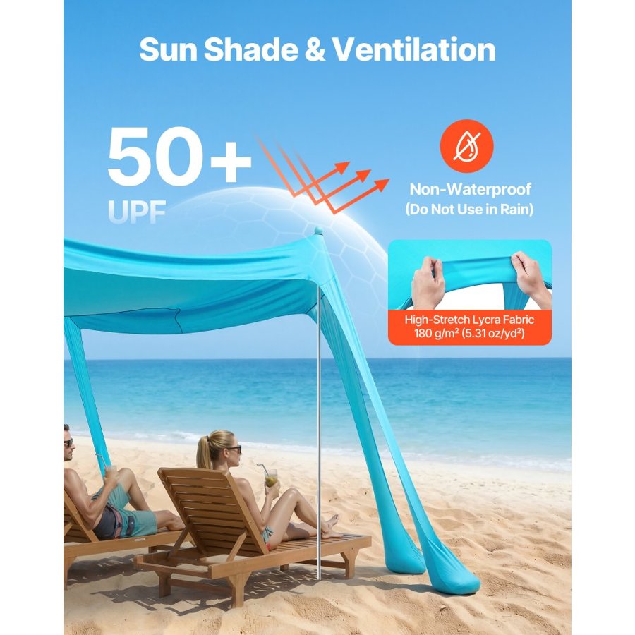VEVOR Beach Tent Sun Shelter – 10x10 ft, UPF50+, 6.6 ft Tall