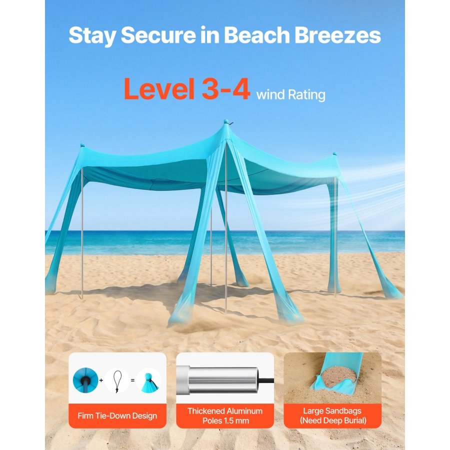 VEVOR Beach Tent Sun Shelter – 10x10 ft, UPF50+, 6.6 ft Tall