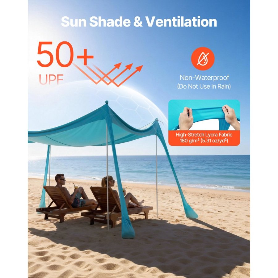 VEVOR Beach Tent Sun Shelter – 3×3 m, UPF50+, 180 g/m² Lycra