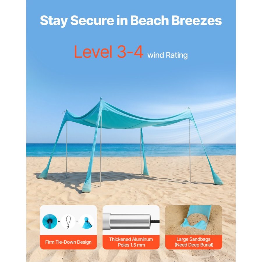 VEVOR Beach Tent Sun Shelter – 3×3 m, UPF50+, 180 g/m² Lycra