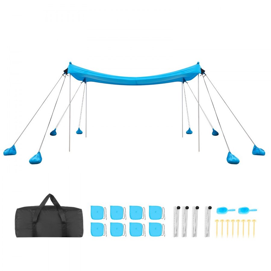 VEVOR Beach Tent Sun Shelter, UPF50+ Sun Protection, 2 m Tall, 3 x 3 m, Easy Pop Up Beach Canopy with 8 Sandbags, Stability Poles, Sand Shovels, Portable Shade for Family Outings, Camping, Fishing