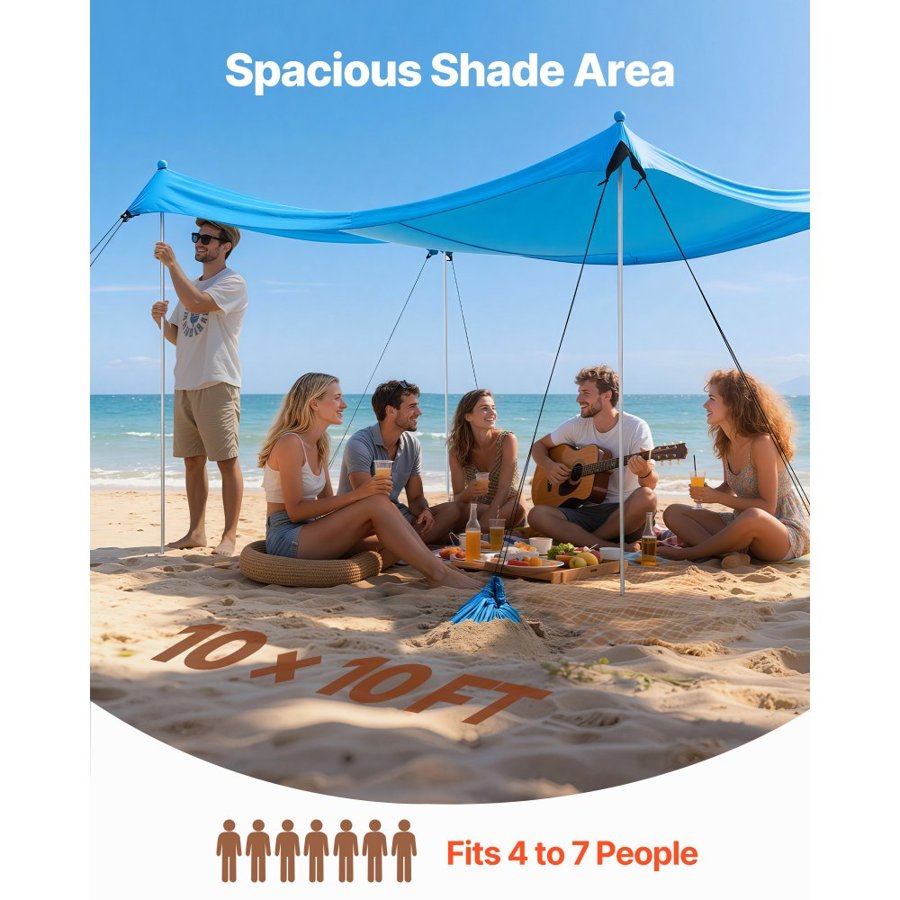VEVOR Beach Tent Sun Shelter, UPF50+ Sun Protection, 2 m Tall, 3 x 3 m, Easy Pop Up Beach Canopy with 8 Sandbags, Stability Poles, Sand Shovels, Portable Shade for Family Outings, Camping, Fishing