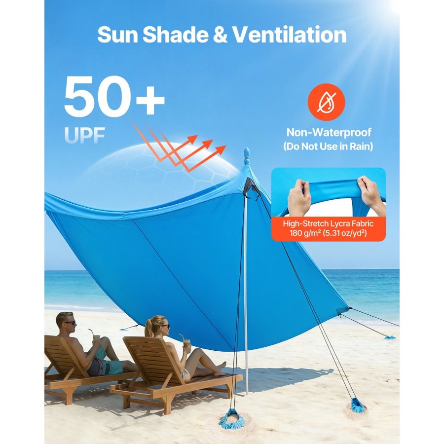 VEVOR Beach Tent Sun Shelter, UPF50+ Sun Protection, 2 m Tall, 3 x 3 m, Easy Pop Up Beach Canopy with 8 Sandbags, Stability Poles, Sand Shovels, Portable Shade for Family Outings, Camping, Fishing