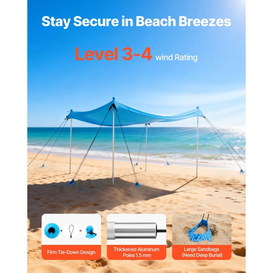 VEVOR Beach Tent Sun Shelter, UPF50+ Sun Protection, 2 m Tall, 3 x 3 m, Easy Pop Up Beach Canopy with 8 Sandbags, Stability Poles, Sand Shovels, Portable Shade for Family Outings, Camping, Fishing